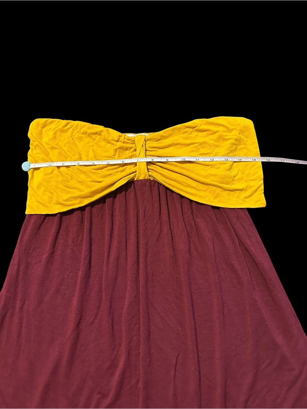Coveted Clothing Mustard Yellow Bow Strapless Dress with Burgundy Skirt - Picture 4 of 11
